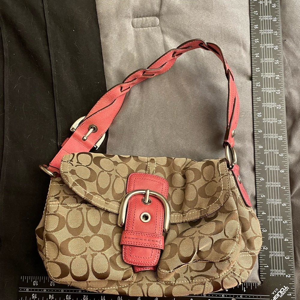 Coach Soho Signature Canvas Fuschia Pink Tan Hobo Buckle Flap Satchel Purse